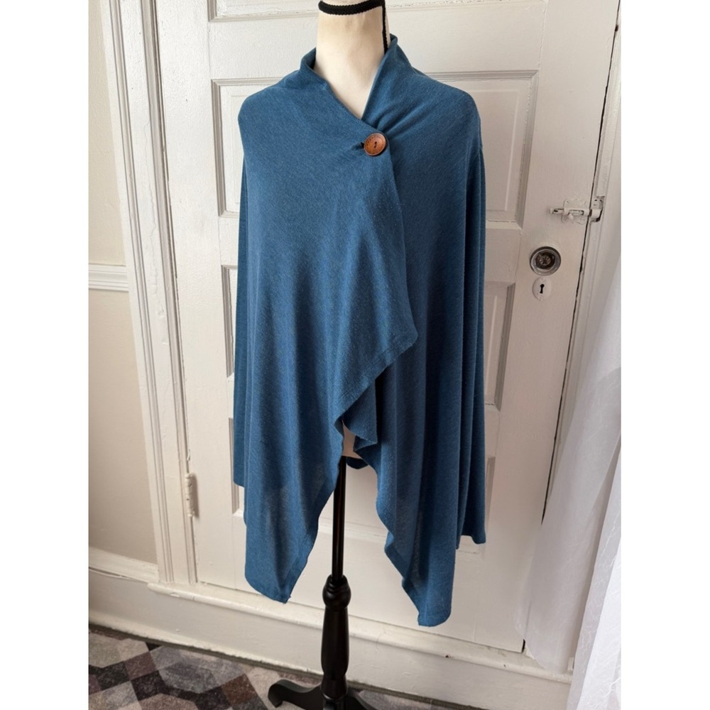 Bobeau Teal Blue Wrap Cardigan Shawl Poncho Sweater Asymmetric Lagenlook Lg - Picture 7 of 11